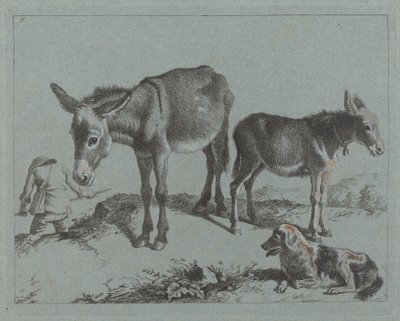 Burro com seu potro, um cachorro e um homem camponês de Francesco Londonio