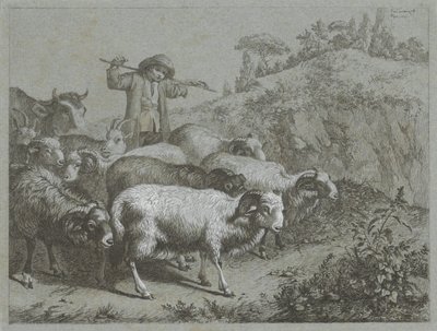 Pastor com carneiros, cabras e vaca Cenas de pastor (título da série) de Francesco Londonio