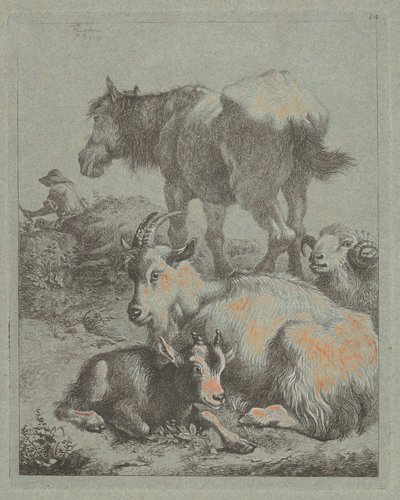 Cavalo, carneiro, cabrito com cabrito, à distância um pastor com rebanho, 1759. de Francesco Londonio