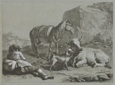 Pastor reclinado com cavalo, vaca e cachorro Cenas de pastor (título da série) de Francesco Londonio