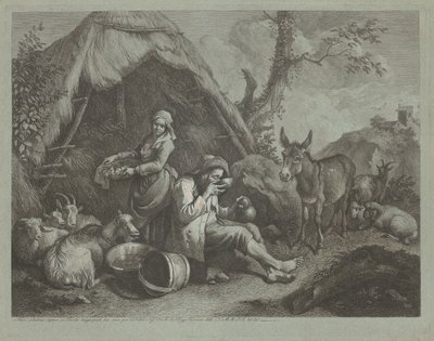 Velho sentado e mulher com uma cesta de ovos de Francesco Londonio
