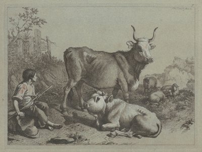Pastor sentado com um touro e um boi, 1763. de Francesco Londonio