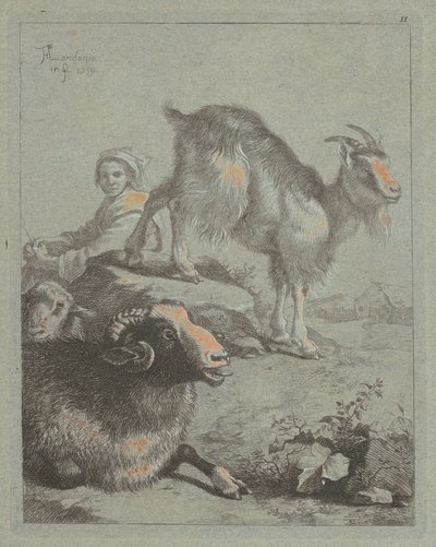 Pastora sentada, um carneiro, uma ovelha e uma cabra, 1759. de Francesco Londonio