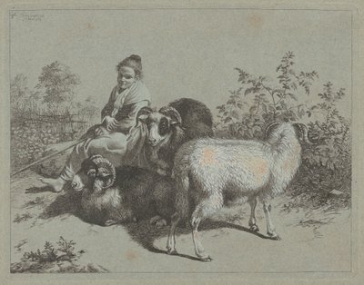 Pastora sentada com três carneiros, 1762. de Francesco Londonio