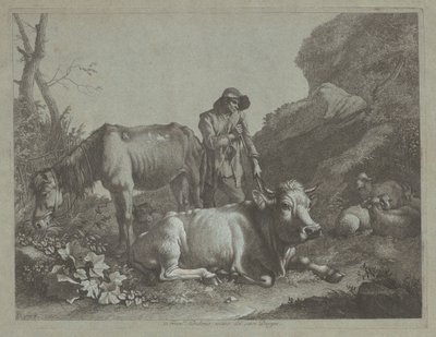 Pastor descansando em uma bengala com um cavalo velho e um touro reclinado, depois de 1767. de Francesco Londonio