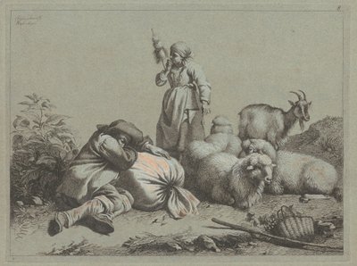 Camponês adormecido e fiandeiro de pé de Francesco Londonio