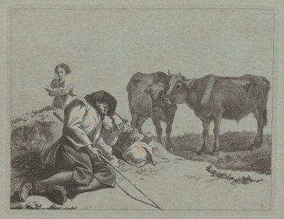 Pastor adormecido, dois bezerros e uma camponesa, 17621763. de Francesco Londonio