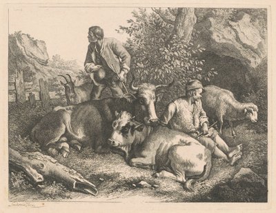 Dois pastores com uma vaca e um bezerro de Francesco Londonio