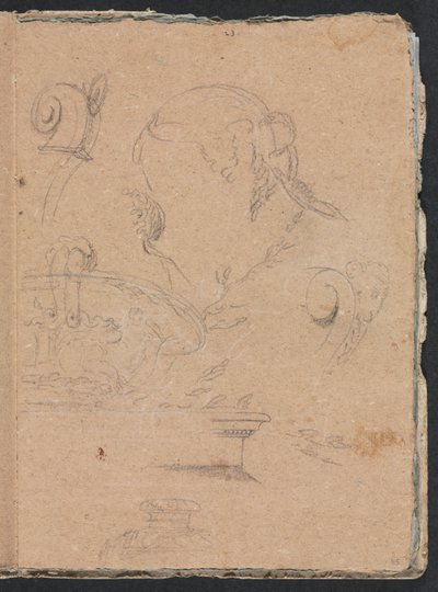 Verona Sketchbook: motivos arquitetônicos com cabeça feminina, página 45, 1760. de Francesco Lorenzi