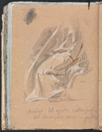 Verona Sketchbook: Estudo de cortinas com pé e inscrição, páginas 88, 1760. de Francesco Lorenzi