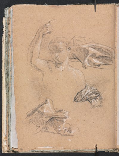 Caderno de Esboços de Verona: Figura com estudos de braço direito e cortinas levantados, páginas 68, 1760. de Francesco Lorenzi