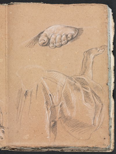 Caderno de Esboços de Verona: Estudo de um pé esquerdo e estudo de cortinas com braço direito, páginas 79, 1760. de Francesco Lorenzi