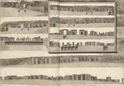 Cortes transversais, que mostram os diferentes aspectos dos edifícios mostrados na planta de Pom..., 1804. de Francesco Piranesi