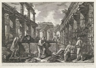 Impressão do título com restos do Templo de Netuno em Paestum com título em blocos Diferentes vistas dos restos de três grandes edifícios ainda de pé em Paestum (título da série) Différentes vues de quelques restes de trois grands édifices qui de Francesco Piranesi