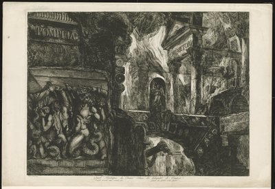 Titelprent coloca tempel em bouwfragmenten Pompeia Tomé Premier (título no objeto) Grande Frontispício do Primeiro Volume das Antiguidades de Pompeia / Templo queimado pela segunda vez / Guerra dos Gigantes contra Júpiter (título no objeto) de Francesco Piranesi