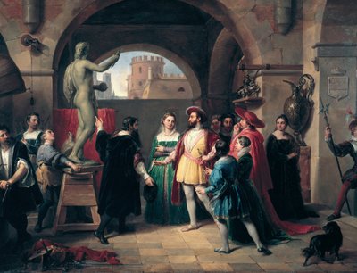 O rei francês Francisco I (1494-1547) visita a oficina de Buenvenuto Cellini (1500-1571) em Roma. O pintor apresenta ao rei uma escultura de São João Evangelista. Roma, Galleria Nazionale d