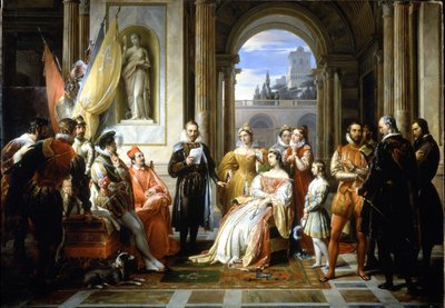 Torquato Tasso (Le Muche) lendo sua Jerusalém delivree (La gerusalemme liberata) na corte de Ferrara. Pintura de Francesco Podesti (1800-1895) de Francesco Podesti