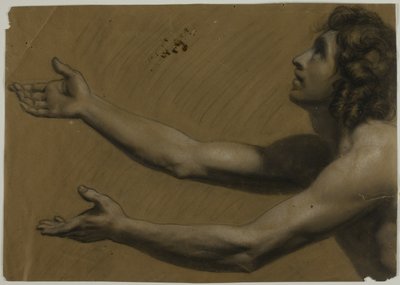 Homem jovem olhando para cima com os braços estendidos (frente); mulher segurando um espelho (verso) de Francesco Podesti