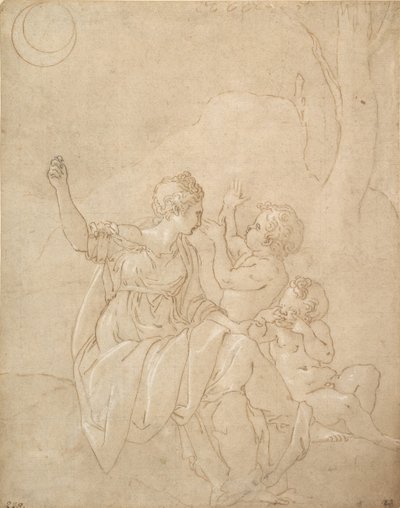 Figura feminina clássica Diana ou Vênus com dois bebês, ca. 1539-42. de Francesco Primaticcio