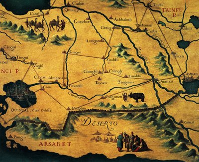 A rota de Marco Polo através dos desertos orientais, mapa de Tartary de Francesco and Ramusio Giovan Battista Grisellini
