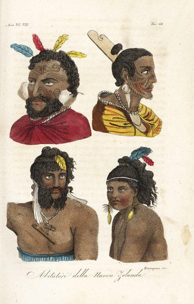 Retratos de Guerreiros Maori, Homens da Nova Zelândia e rapazes com tatuagens faciais e penas no cabelo. Placa de cobre colorida à mão gravada por Francesco Rosaspina depois de William Hodges e Piron de Giulio Ferrario