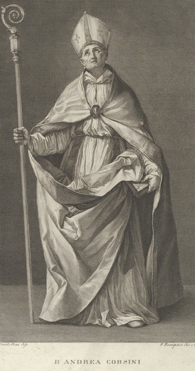 Santo Andrea Corsini vestido como bispo de Fiesole, segurando um báculo e olhando ..., ca. 1780-1841. de Francesco Rosaspina