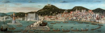 Tavola Strozzi. Vista de Nápoles, a frota aragonesa entrou no porto em 12 de julho de 1465 de Francesco Rosselli