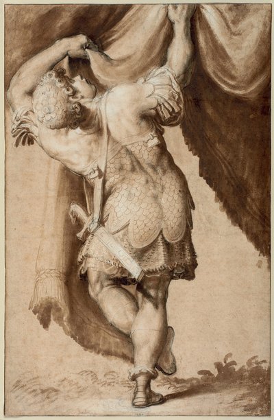 Jovem guerreiro, visto por trás, levantando uma cortina de Francesco Salviati