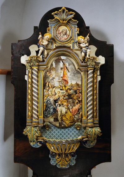 Grande fonte de água benta em majolica pintada com cena central da pintura Adoração dos Magos por Francesco Solimena (1657-1747), Itália, século 20 de Francesco Solimena