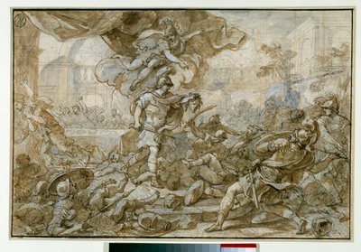 Mitologia: “” Persee arma da cabeça do Meduse transforma-se em pedra Finee e seus soldados ”” Desenho de Francesco Solimena disse l "Abbate Ciccio ou l" Abbe Ciccio de Francesco Solimena
