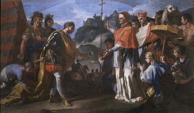 O encontro entre o Rei Ratchis dos Longobardos e o Papa Zacarias durante o cerco de Perugia de Francesco Solimena