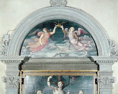 SS. Benedict, Dominic e Sebastian (detalhe da lunette) (óleo sobre painel) (ver também 192539 e 192540) de Francesco Ubertini Il Bacchiacca