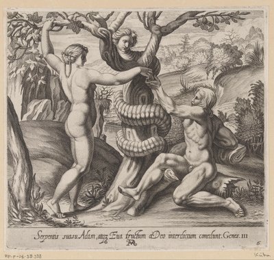 Eva oferece a Adão o fruto proibido
Pinturas na Loggia de Rafael (título da série)
La Sacra Genesi (título da série) de Francesco Villamena