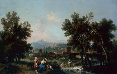 Uma paisagem arborizada com lavadeiras por um rio (óleo) de Francesco Zuccarelli