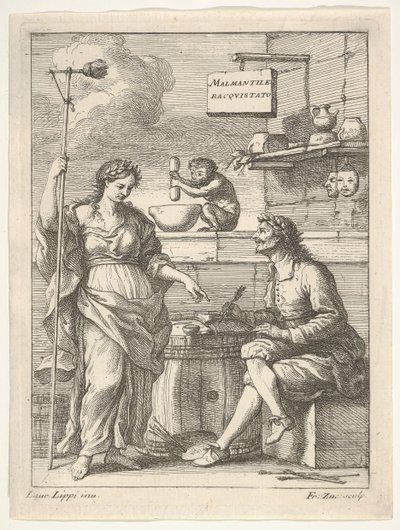 Um macaco trabalhando um almofariz e pilão, abaixo de Lorenzo Lippi, escrevendo seu humor ..., ca. 1710-64. de Francesco Zuccarelli