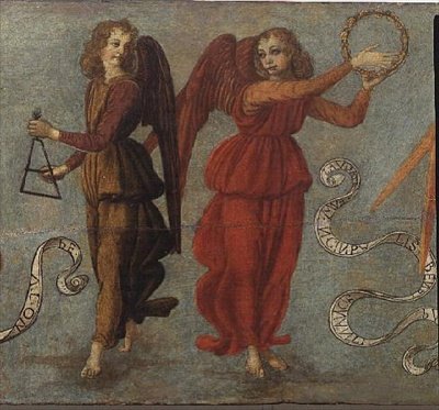 Anjos tocando pandeiro e triângulo, c.1475-97 (têmpera no painel) (detalhe de 64871, veja também 64872 e 64874) de Francesco attr. to Botticini
