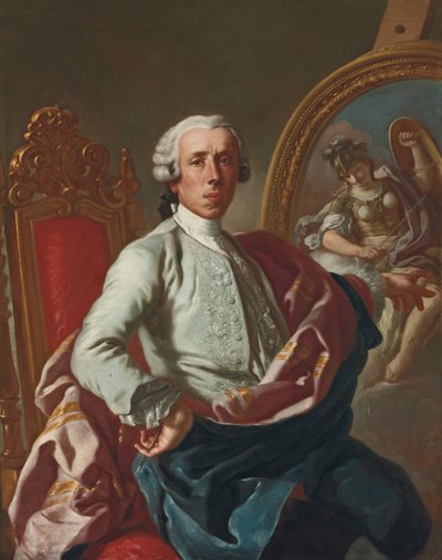 Retrato do artista, de três quartos, sentado, segurando um lápis, em um cavalete com uma foto de Minerva de Francesco de Mura
