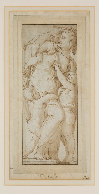 Estudo de uma Mulher e Putti (tinta e lavagem) de Francesco de Rossi (follower of) Salviati