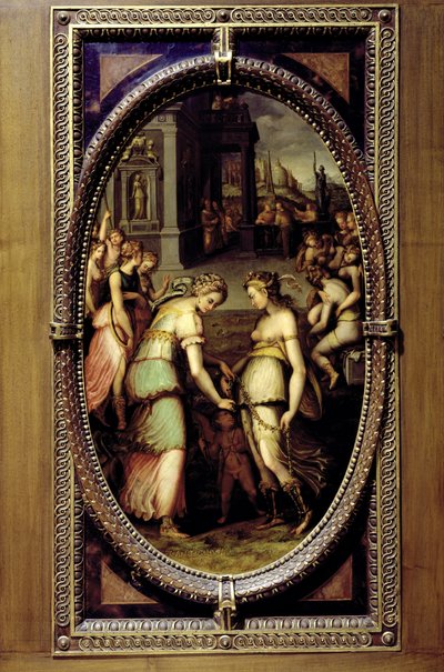 Juno tomando emprestado o Cinturão de Vênus, 1572 (óleo sobre ardósia) de Francesco del Coscia
