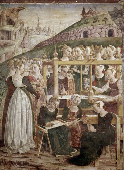 Alegoria da marcha, detalhe do triunfo de Minerva com tecelagem feminina) detalhe - fresco por Francesco del Cossa (ca. 1436-vers 1478) Ferrara (Ferrara) Palazzo Schifanoia, Salone dei Mesi de Francesco del Cossa