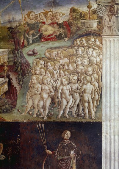 Alegoria do mês de maio, detalhe do triunfo de Apolo, crianças nuas e detalhe de nove musas afresco de Francesco del Cossa (ca. 1436-around 1478) Ferrara (Ferrara) Palazzo Schifanoia, Salone dei Mesi de Francesco del Cossa
