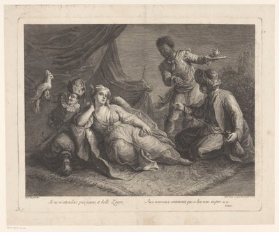 Mulher deitada sobre um tapete
Cenas da peça de teatro de Voltaire Zaire (título da série) de Francesco del Pedro