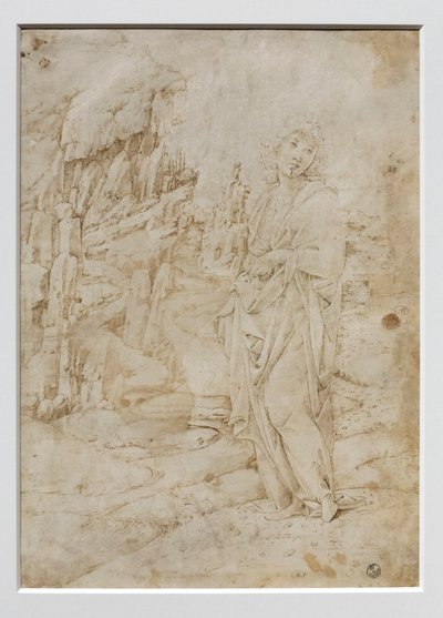 Homem jovem numa paisagem rochosa, c.1475-80 (caneta e tinta preta e castanha, com vestígios de ponta de metal sobre pergaminho) de Francesco di Giorgio Martini