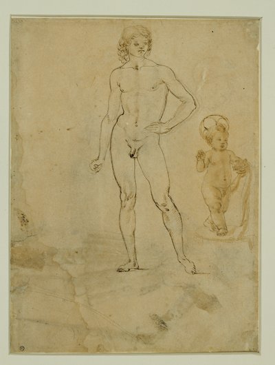 Um jovem nu, de pé; o Menino Jesus; retrato feminino virado para a direita ... de Francesco di Simone (attr. to)