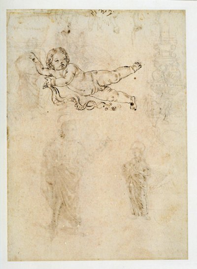 Estudo de uma criança; um ornamento esculpido; uma harpia ... de Francesco di Simone (attr. to)
