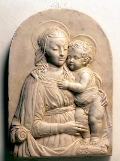 A Virgem com a Criança. O mármore de baixo relevo de Francesco di Simone da Fiesole Ferrucci