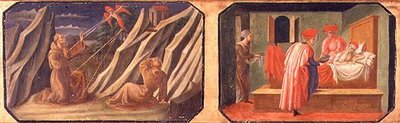 (LR) São Francisco de Assis recebendo os estigmas, SS. Cosme e Damião curando um homem doente; cópias de painéis originais que fazem parte do Predella para a Madonna e Criança Enthroned por Filippo Lipp de Francesco di Stefano Pesellino