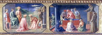 (LR) O martírio dos SS. Cosme e Damião, Santo Antônio de Pádua, encontrando o Coração dos Miseráveis; dois painéis da predella da Madonna e da Criança Enthroned por Filippo Lippi (c.1406-69) (tempera no pan de Francesco di Stefano Pesellino