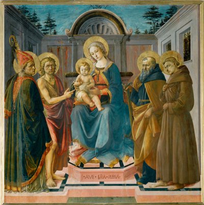 A Virgem com o Menino entre Santa Zenóbia, São João Batista, Santo António Abade e São Francisco ... de Francesco di Stefano Pesellino