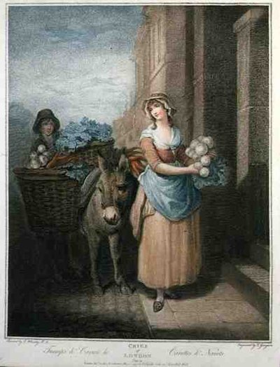 "Turnips and Carrots Ho", placa 13 de "The Cries of London", gravado por Thomas Gaugain (1748-1812), pub. da Colnaghi & Co. de Francis (after) Wheatley